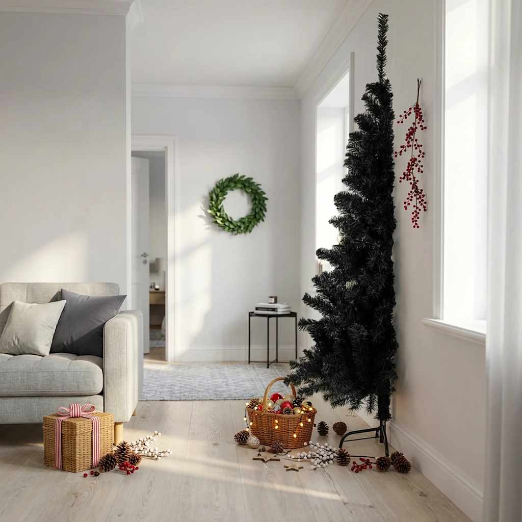 Kunstkerstboom met standaard half 210 cm PVC zwart is nu te koop bij PeponiXL, paradijselijk wonen!