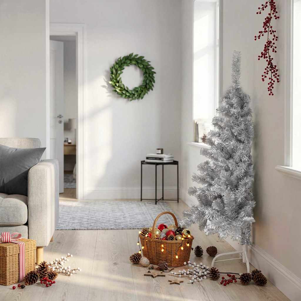 vidaXL Kunstkerstboom half met standaard 120 cm PET zilverkleurig