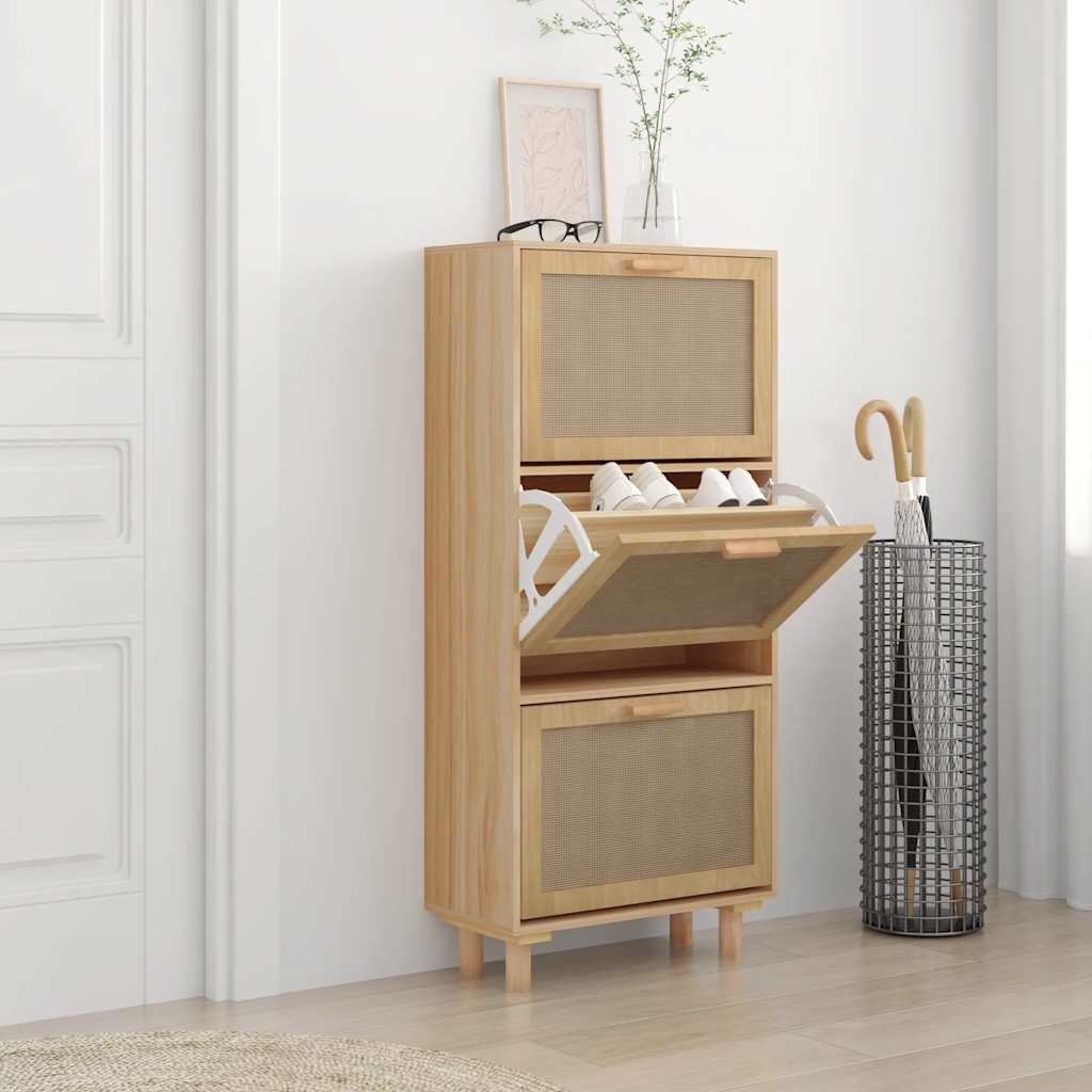 Schoenenkast 52x25x115cm bewerkt hout & natuurlijk rattan bruin is nu te koop bij PeponiXL, paradijselijk wonen!