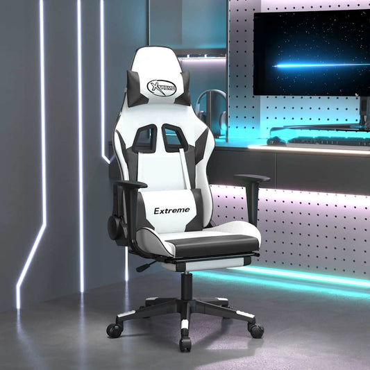 Massage gamestoel met voetensteun kunstleer wit en zwart is nu te koop bij PeponiXL, paradijselijk wonen!