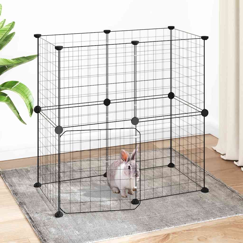 Huisdierenkooi met deur 12 panelen 35x35 cm staal zwart is nu te koop bij PeponiXL, paradijselijk wonen!
