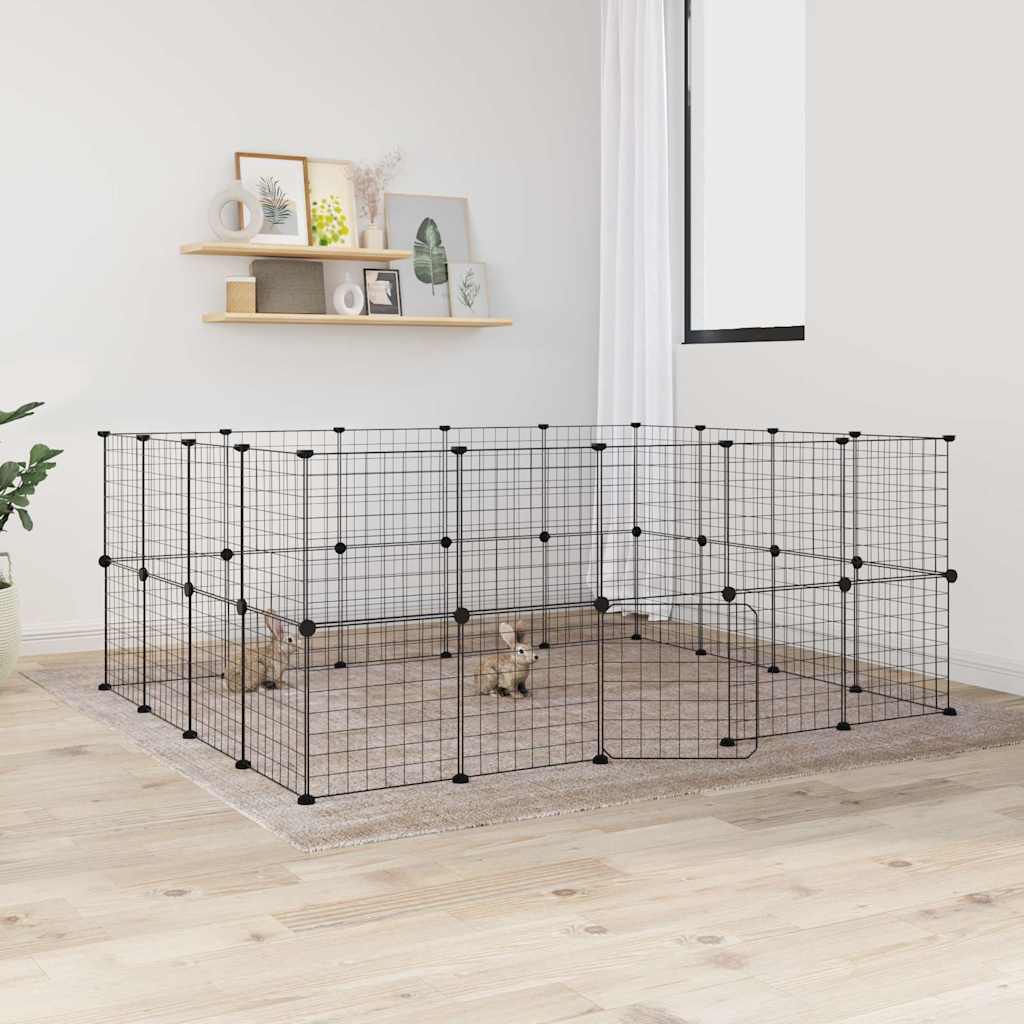 Huisdierenkooi met deur 36 panelen 35x35 cm staal zwart is nu te koop bij PeponiXL, paradijselijk wonen!