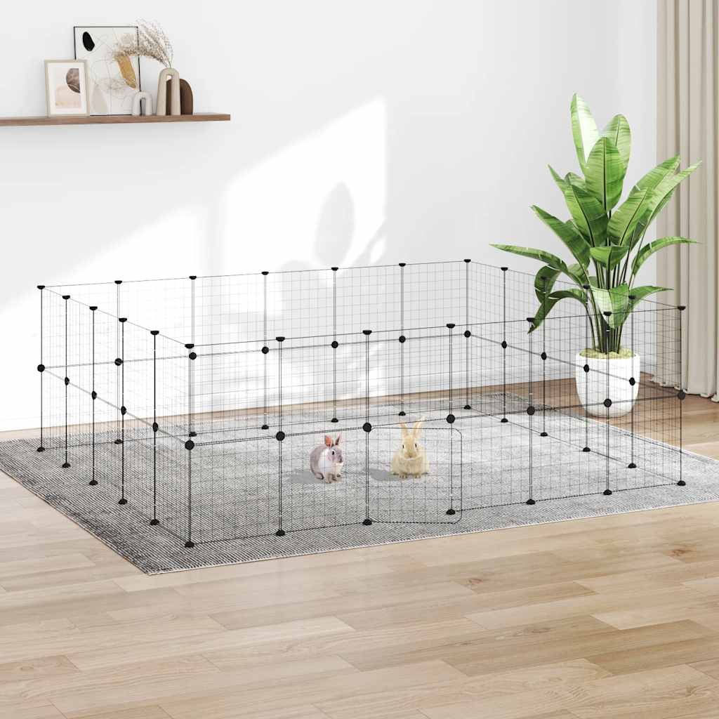 Huisdierenkooi met deur 44 panelen 35x35 cm staal zwart is nu te koop bij PeponiXL, paradijselijk wonen!