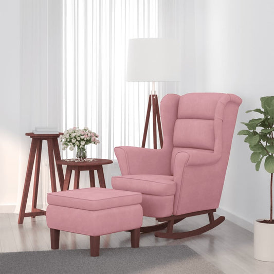 Schommelstoel met oorleuning roze fluweel massief hout is nu te koop bij PeponiXL, paradijselijk wonen!