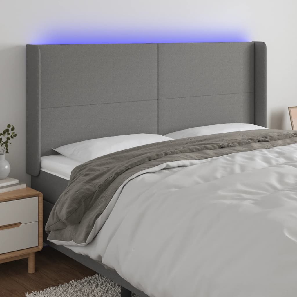 Hoofdbord LED 203x16x118/128 cm stof donkergrijs is nu te koop bij PeponiXL, paradijselijk wonen!