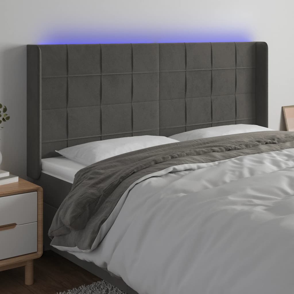 Hoofdbord LED 203x16x118/128 cm fluweel donkergrijs is nu te koop bij PeponiXL, paradijselijk wonen!