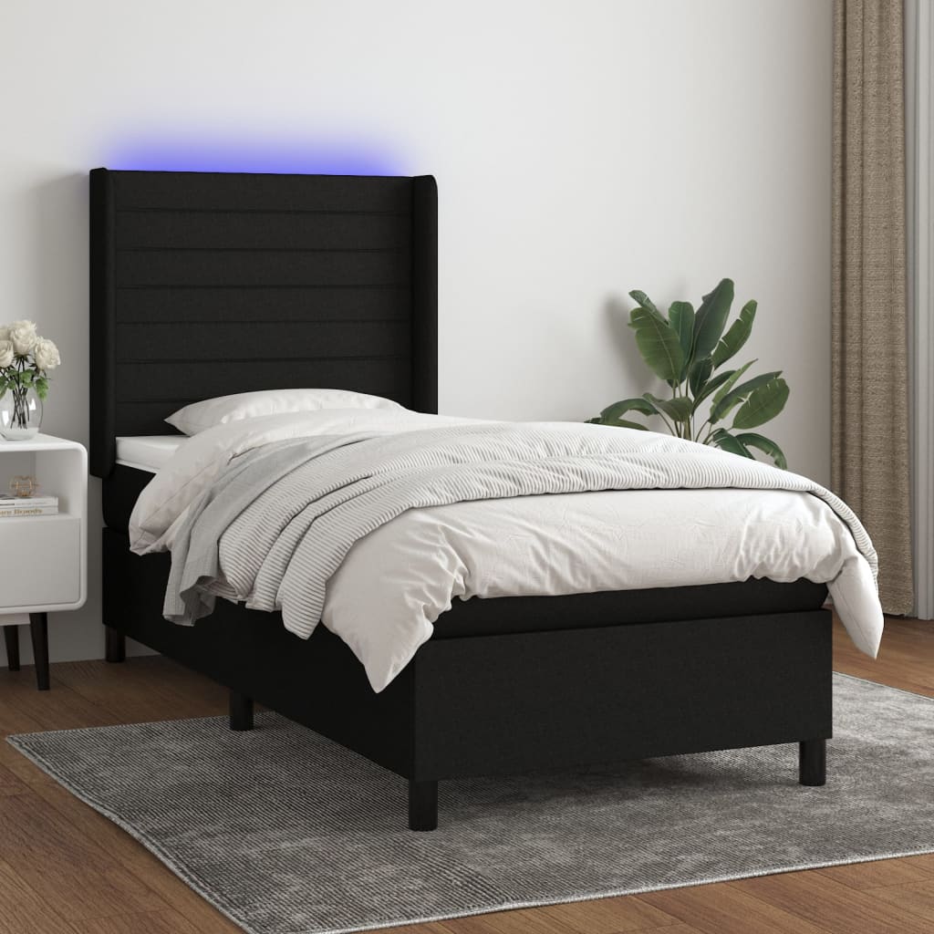 Boxspring met matras en LED stof zwart 90x190 cm is nu te koop bij PeponiXL, paradijselijk wonen!