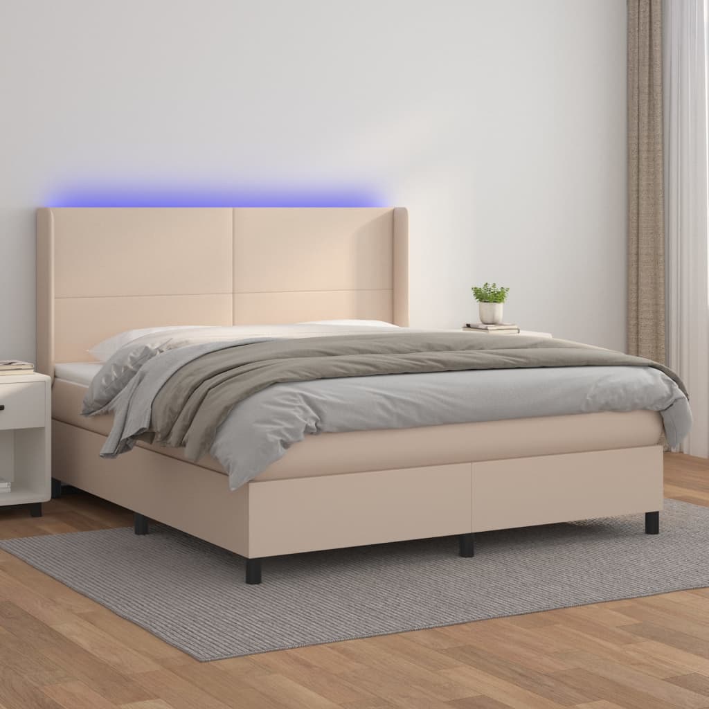 Boxspring met matras en LED kunstleer cappuccinokleur 180x200cm is nu te koop bij PeponiXL, paradijselijk wonen!