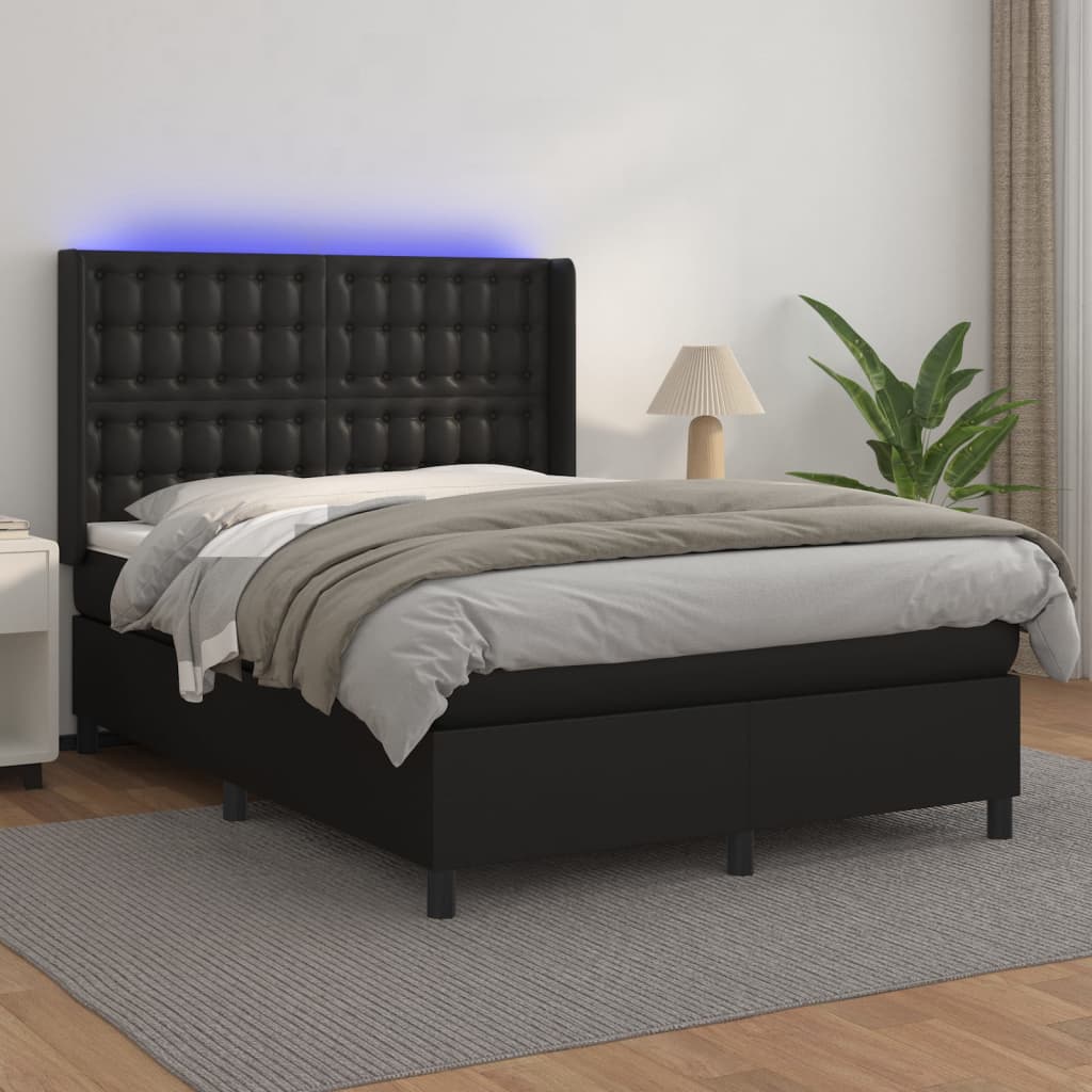 Boxspring met matras en LED kunstleer zwart 140x190 cm is nu te koop bij PeponiXL, paradijselijk wonen!