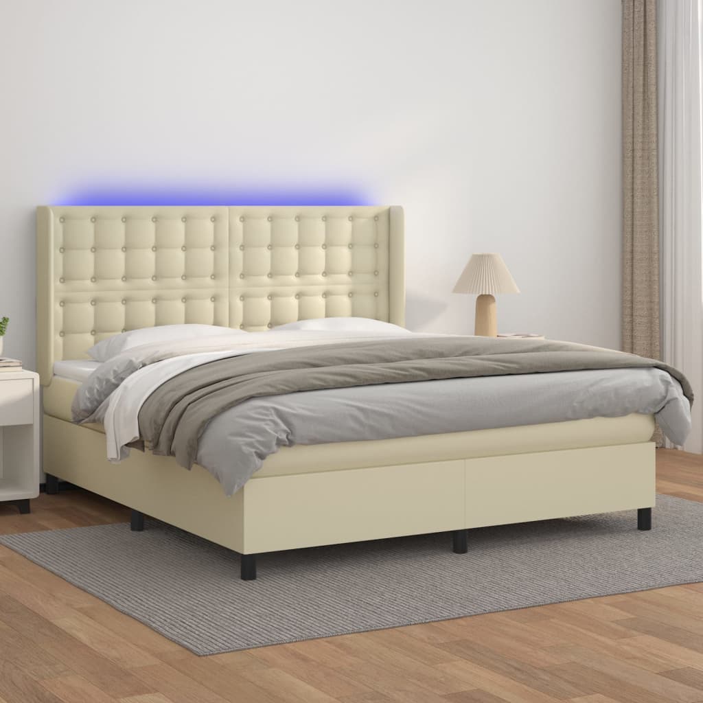 vidaXL Boxspring met matras en LED kunstleer crèmekleurig 160x200 cm