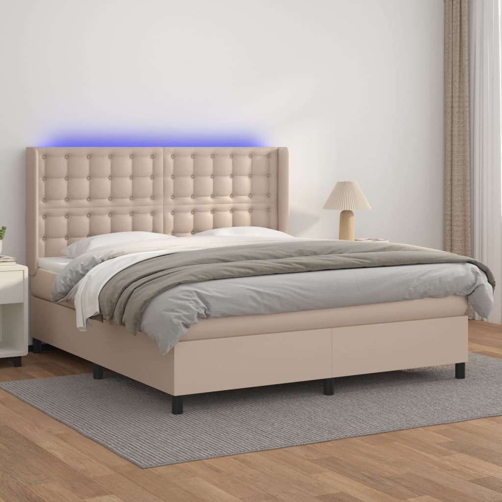 Boxspring met matras en LED kunstleer cappuccinokleur 180x200cm is nu te koop bij PeponiXL, paradijselijk wonen!