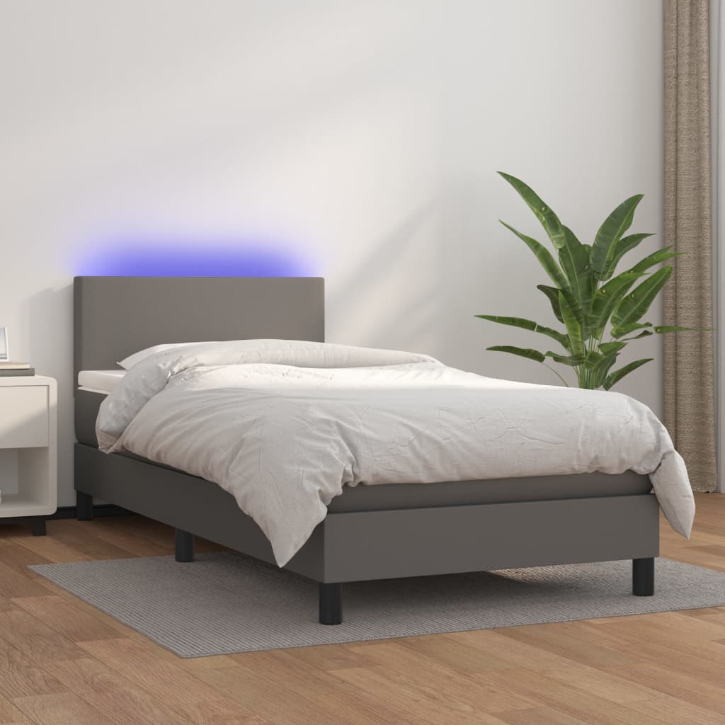 Boxspring met matras en LED kunstleer grijs 90x200 cm is nu te koop bij PeponiXL, paradijselijk wonen!