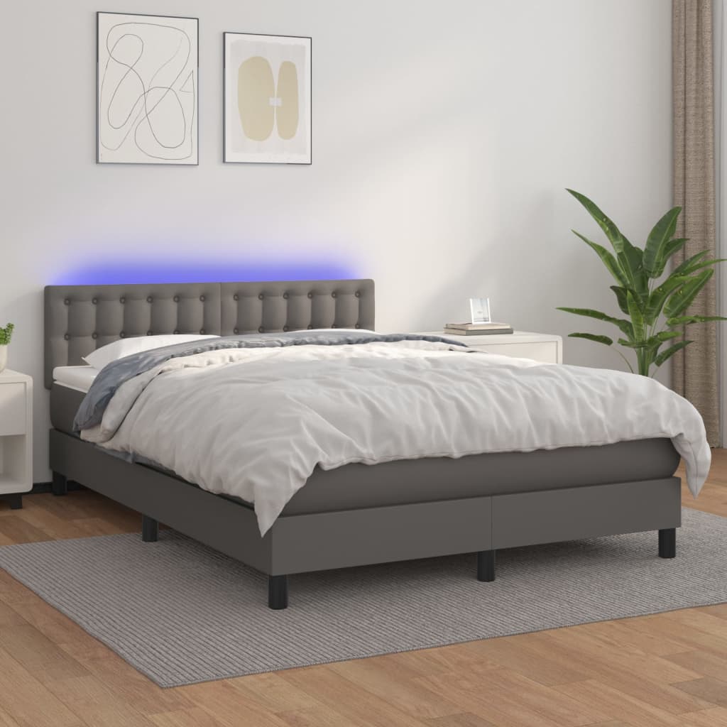 Boxspring met matras en LED kunstleer grijs 140x190 cm is nu te koop bij PeponiXL, paradijselijk wonen!