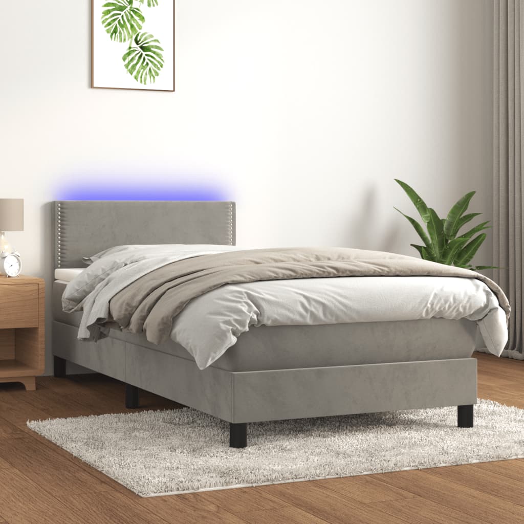 Boxspring met matras en LED fluweel lichtgrijs 90x200 cm is nu te koop bij PeponiXL, paradijselijk wonen!