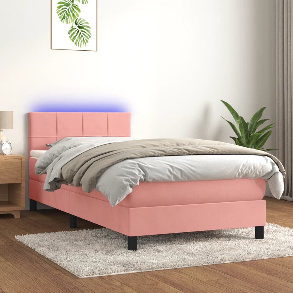 Boxspring met matras en LED fluweel roze 90x190 cm is nu te koop bij PeponiXL, paradijselijk wonen!