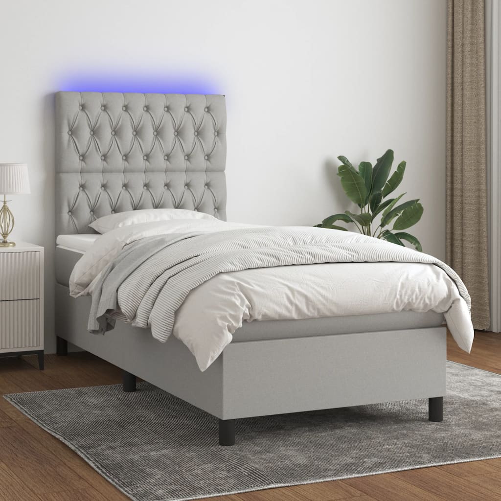 Boxspring met matras en LED stof lichtgrijs 90x200 cm is nu te koop bij PeponiXL, paradijselijk wonen!
