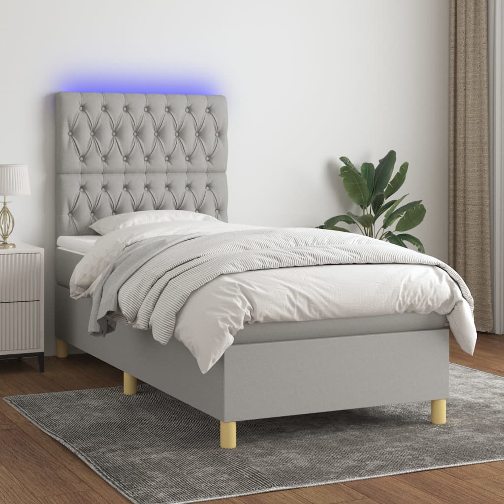 Boxspring met matras en LED stof lichtgrijs 90x200 cm is nu te koop bij PeponiXL, paradijselijk wonen!