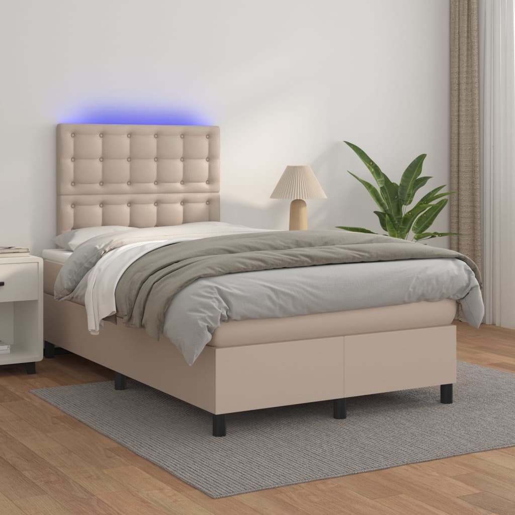 Boxspring met matras en LED kunstleer cappuccinokleur 120x200cm is nu te koop bij PeponiXL, paradijselijk wonen!