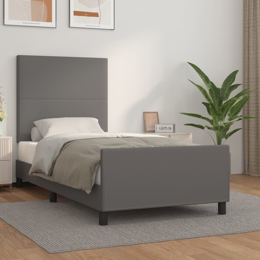 Bedframe met hoofdbord kunstleer grijs 90x200 cm is nu te koop bij PeponiXL, paradijselijk wonen!