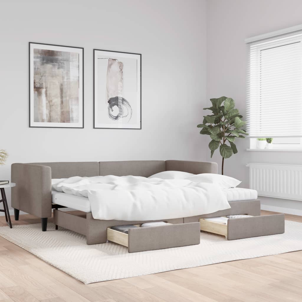 Slaapbank met onderschuifbed en lades 90x200 cm stof taupe is nu te koop bij PeponiXL, paradijselijk wonen!