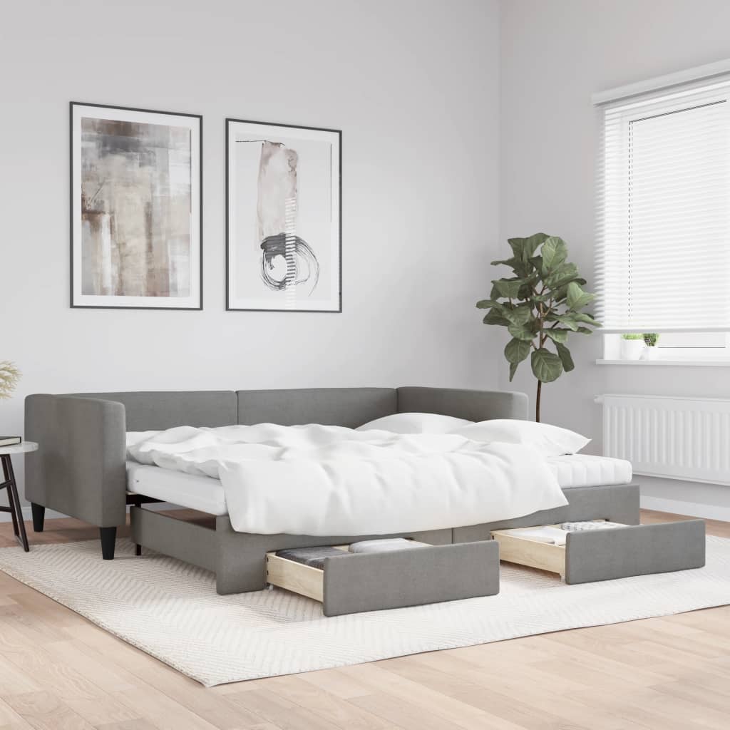 Slaapbank onderschuifbed en lades 100x200 cm stof donkergrijs is nu te koop bij PeponiXL, paradijselijk wonen!