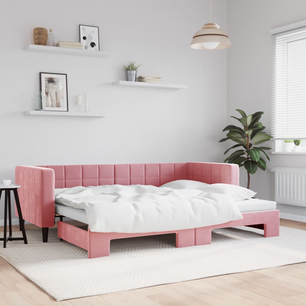 Slaapbank met onderschuifbed 80x200 cm fluweel roze is nu te koop bij PeponiXL, paradijselijk wonen!