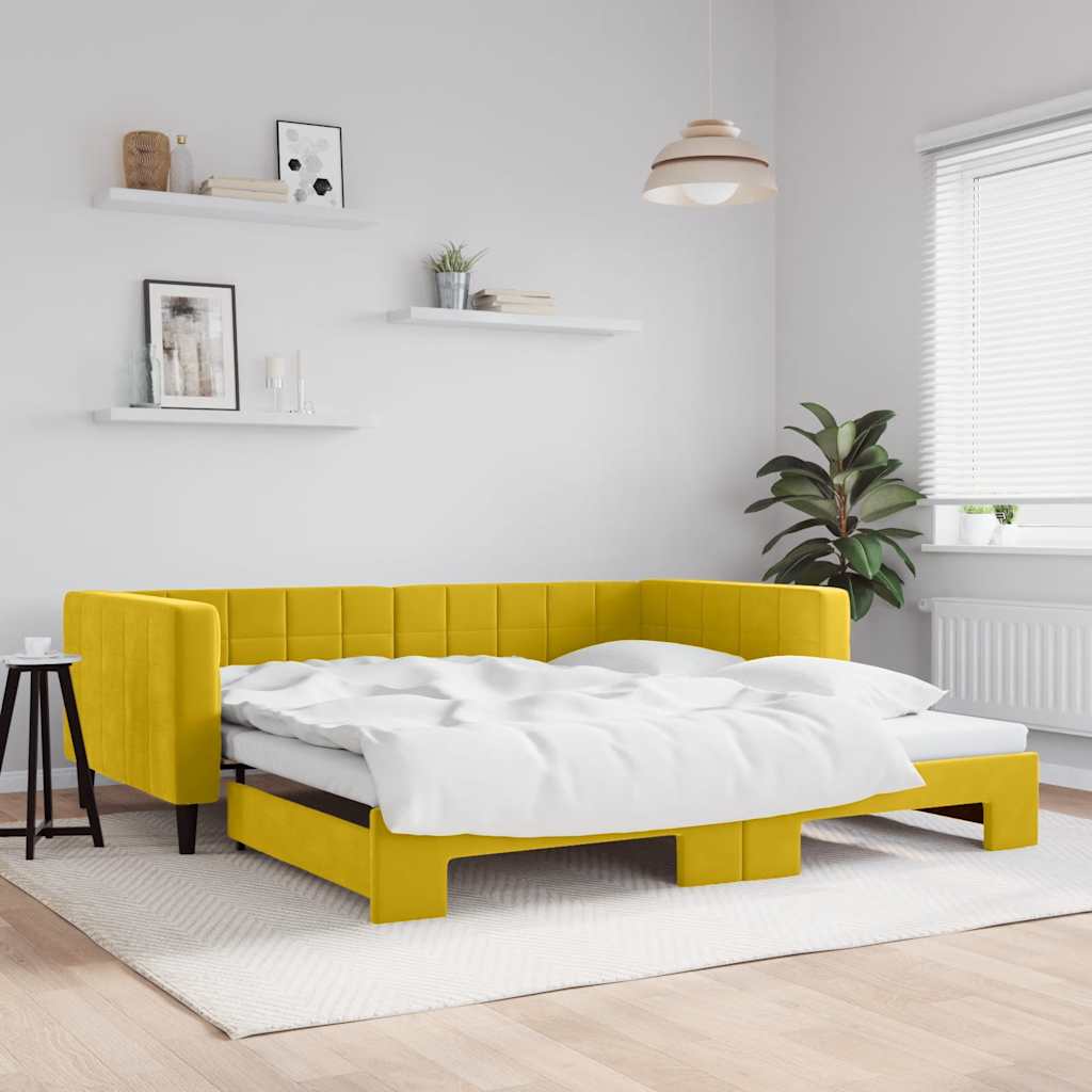 Slaapbank met onderschuifbed 100x200 cm fluweel geel is nu te koop bij PeponiXL, paradijselijk wonen!