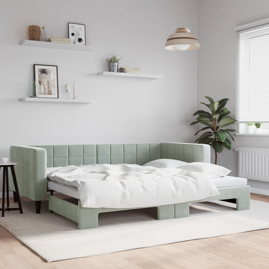 Slaapbank met onderschuifbed 90x190 cm fluweel lichtgrijs is nu te koop bij PeponiXL, paradijselijk wonen!
