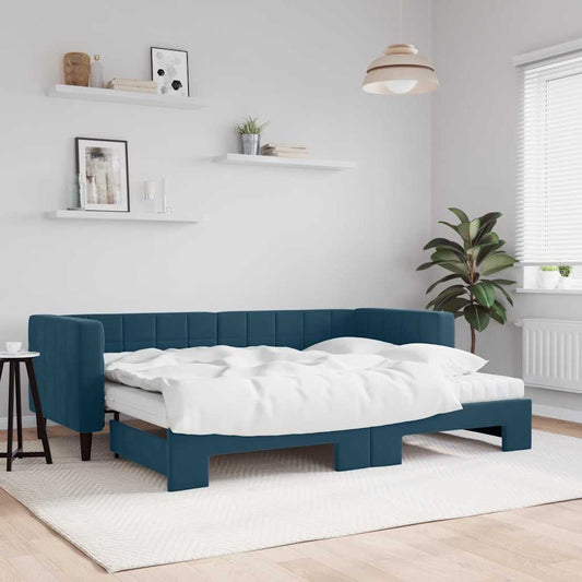 Slaapbank onderschuifbed en matrassen 80x200 cm fluweel blauw is nu te koop bij PeponiXL, paradijselijk wonen!