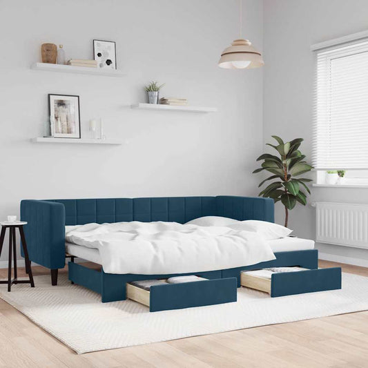 Slaapbank met onderschuifbed en lades 80x200 cm fluweel blauw is nu te koop bij PeponiXL, paradijselijk wonen!