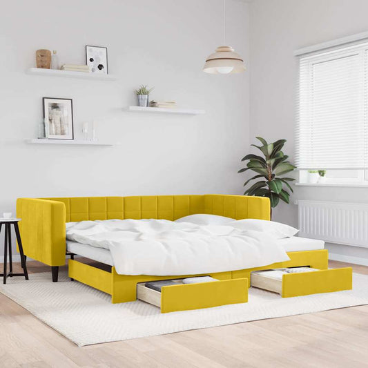 Slaapbank met onderschuifbed en lades 100x200 cm fluweel geel is nu te koop bij PeponiXL, paradijselijk wonen!