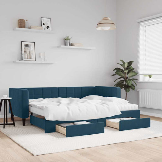 Slaapbank met onderschuifbed en lades 80x200 cm fluweel blauw is nu te koop bij PeponiXL, paradijselijk wonen!