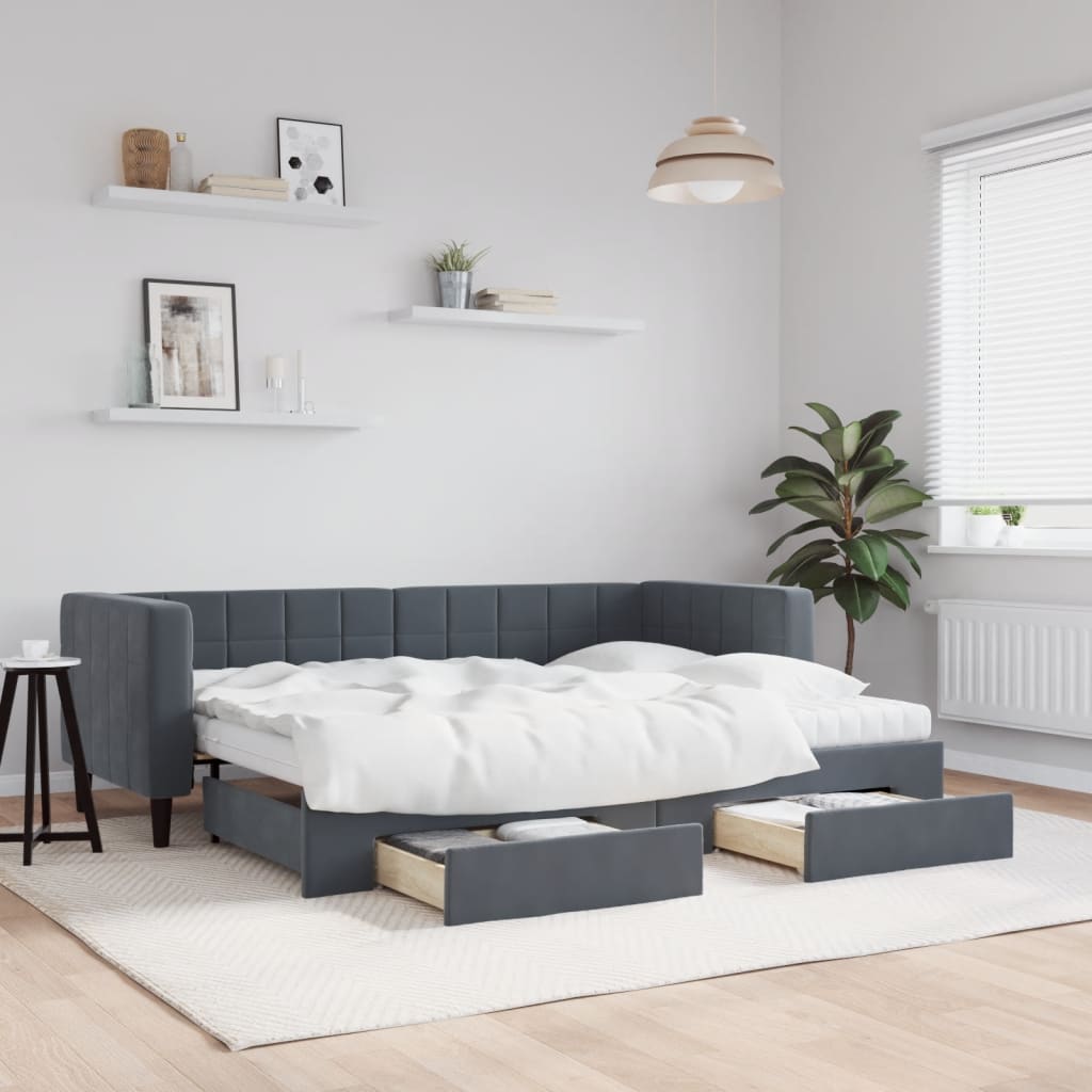 Slaapbank onderschuifbed en lades 80x200 cm fluweel donkergrijs is nu te koop bij PeponiXL, paradijselijk wonen!