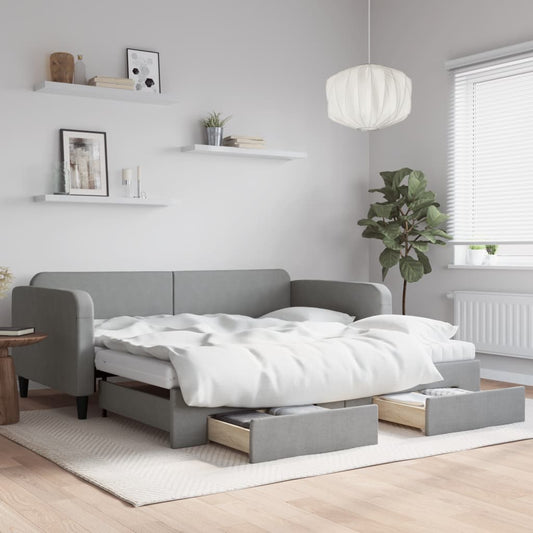 Slaapbank onderschuifbed en lades 100x200 cm stof lichtgrijs is nu te koop bij PeponiXL, paradijselijk wonen!