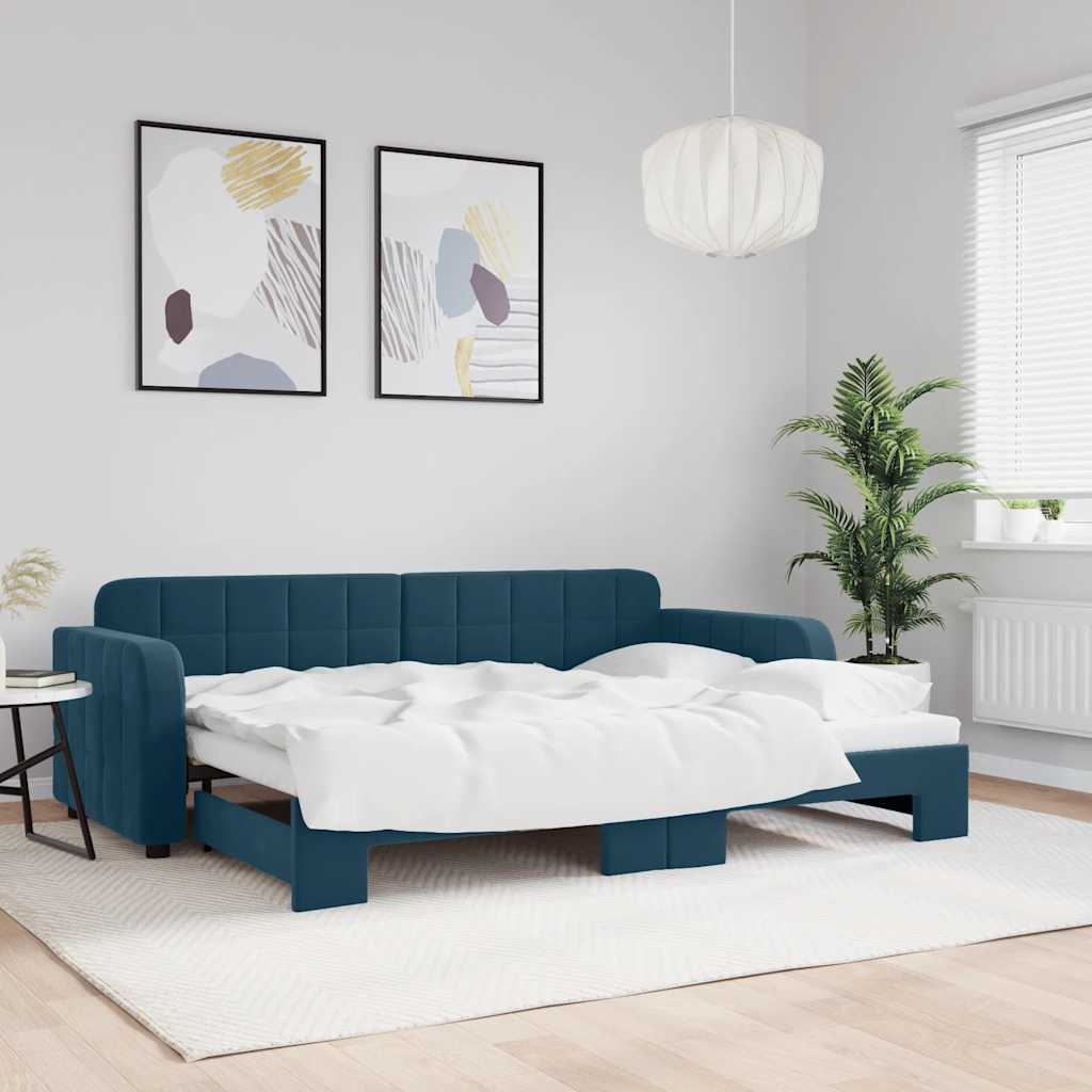 Slaapbank met onderschuifbed 80x200 cm fluweel blauw is nu te koop bij PeponiXL, paradijselijk wonen!