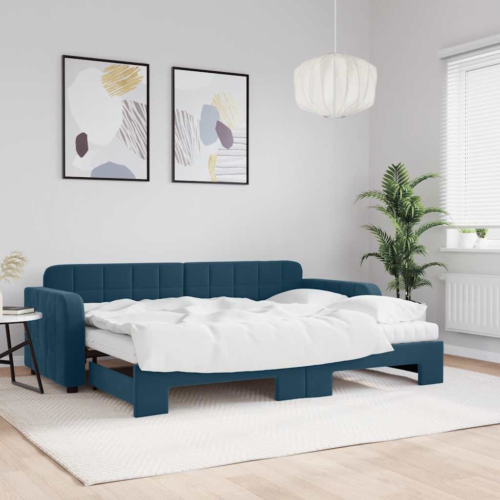 Slaapbank onderschuifbed en matrassen 80x200 cm fluweel blauw is nu te koop bij PeponiXL, paradijselijk wonen!