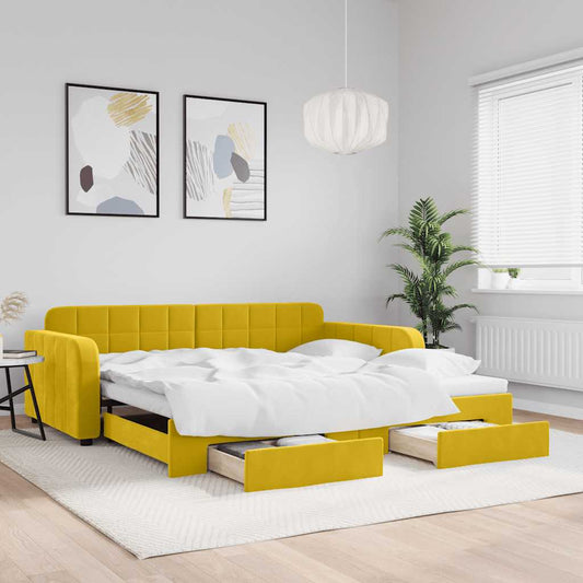 Slaapbank met onderschuifbed en lades 100x200 cm fluweel geel is nu te koop bij PeponiXL, paradijselijk wonen!