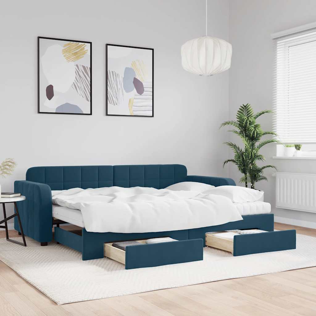 Slaapbank met onderschuifbed en lades 80x200 cm fluweel blauw is nu te koop bij PeponiXL, paradijselijk wonen!
