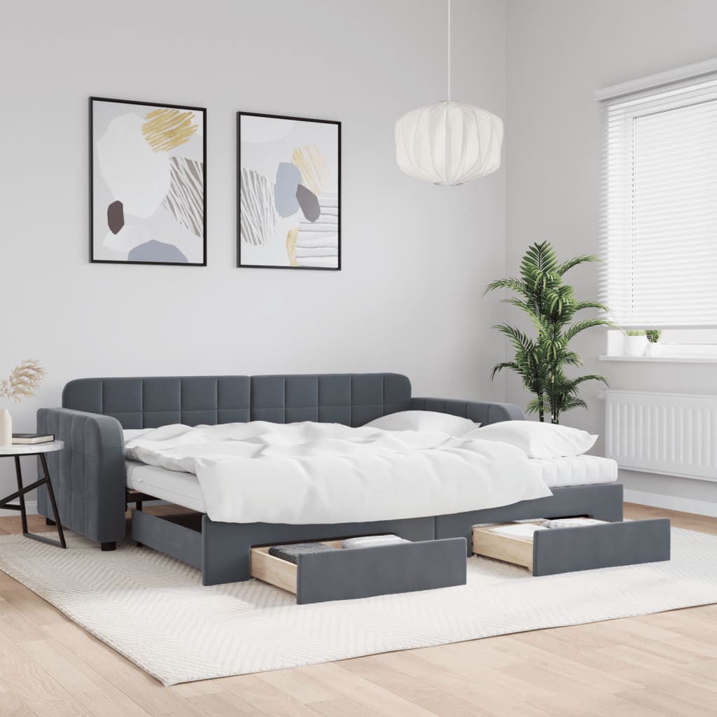 Slaapbank onderschuifbed en lades 90x200 cm fluweel donkergrijs is nu te koop bij PeponiXL, paradijselijk wonen!