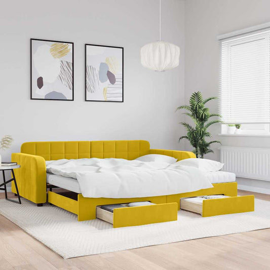 Slaapbank met onderschuifbed en lades 100x200 cm fluweel geel is nu te koop bij PeponiXL, paradijselijk wonen!