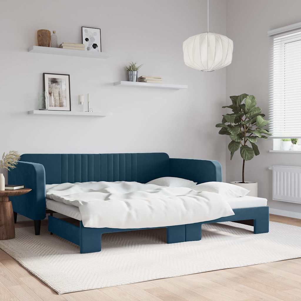 Slaapbank met onderschuifbed 100x200 cm fluweel blauw is nu te koop bij PeponiXL, paradijselijk wonen!