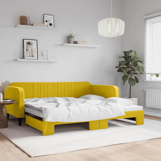 Slaapbank met onderschuifbed 100x200 cm fluweel geel is nu te koop bij PeponiXL, paradijselijk wonen!