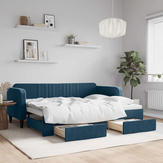 Slaapbank met onderschuifbed en lades 80x200 cm fluweel blauw is nu te koop bij PeponiXL, paradijselijk wonen!