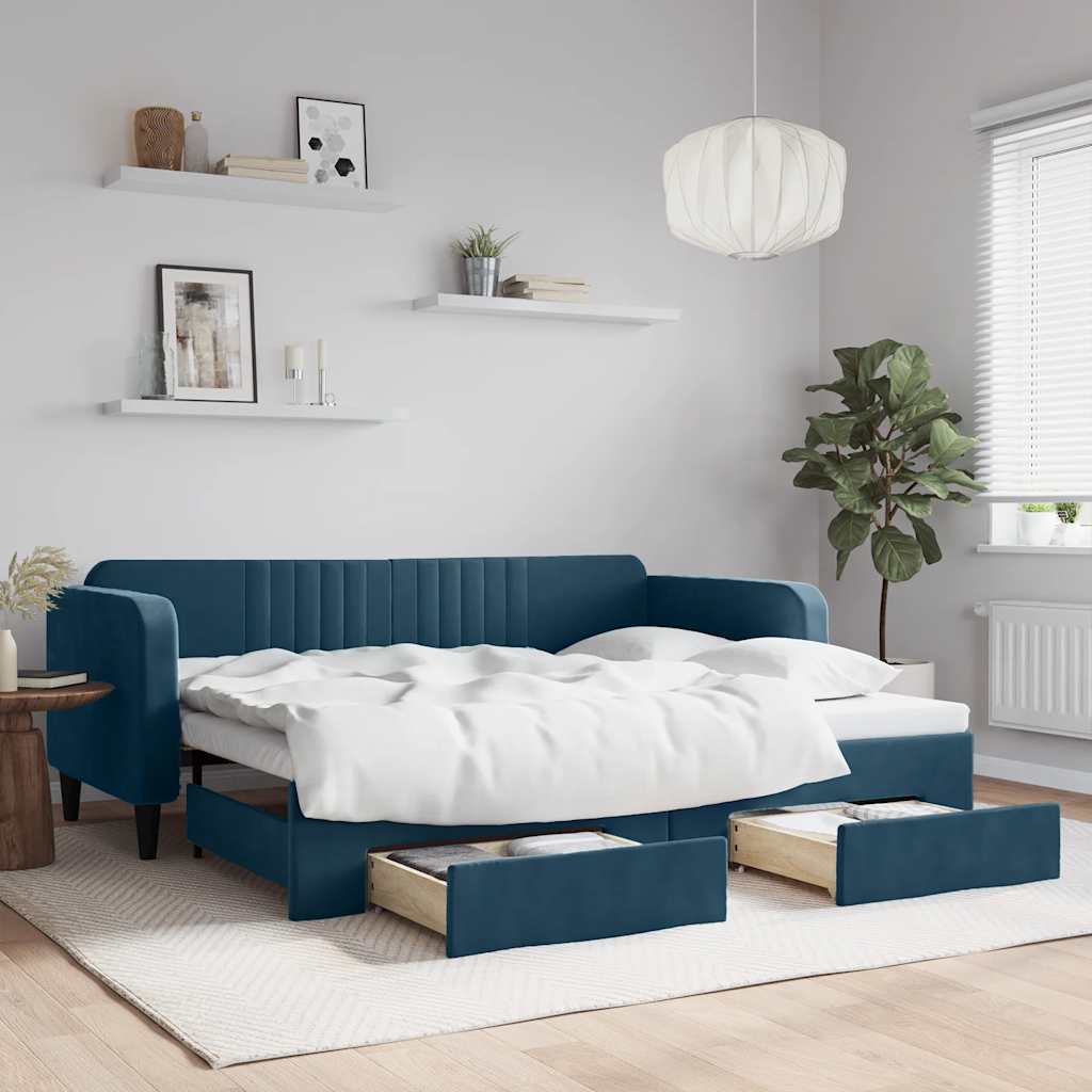 vidaXL Slaapbank met onderschuifbed en lades 90x200 cm fluweel blauw