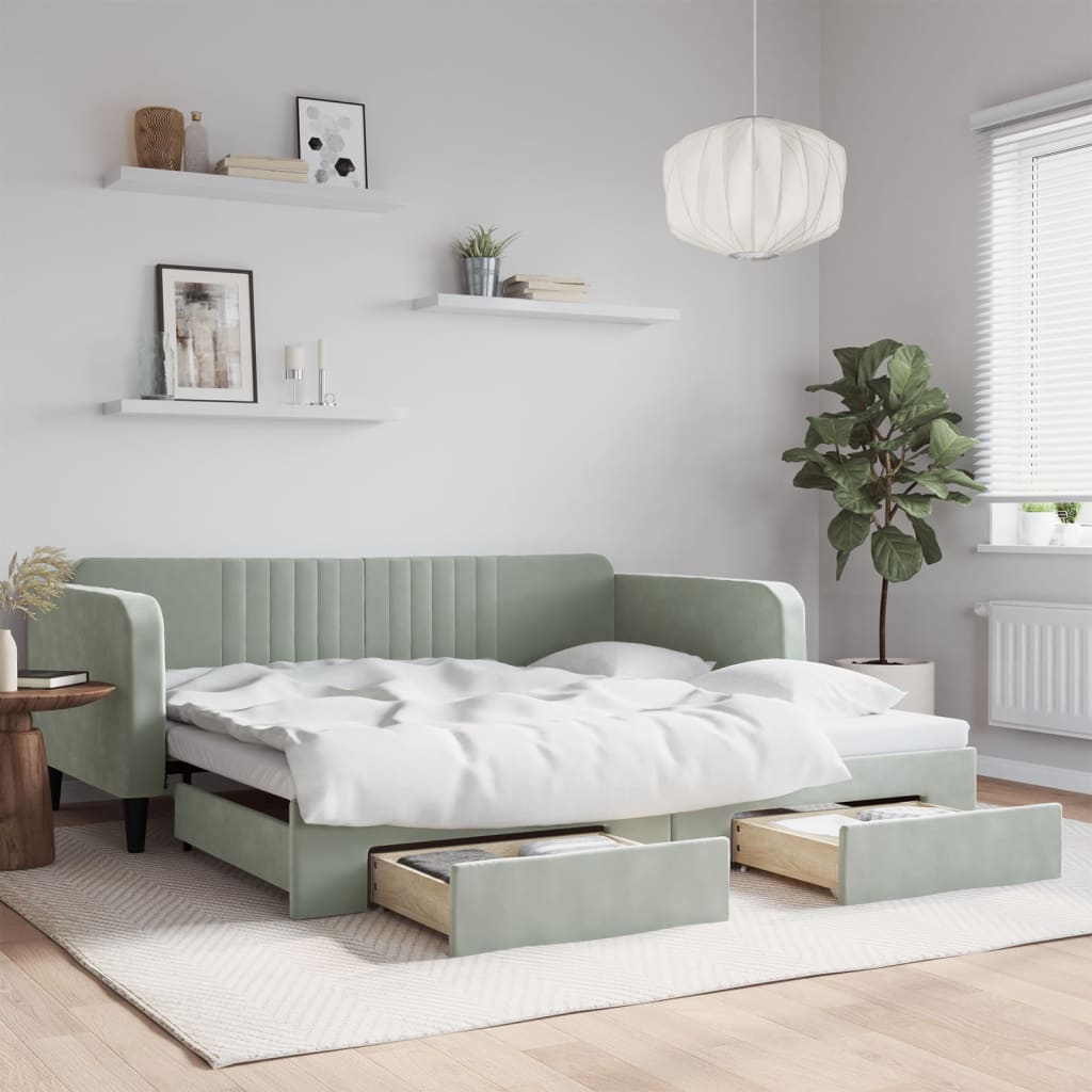 Slaapbank onderschuifbed en lades 100x200 cm fluweel lichtgrijs is nu te koop bij PeponiXL, paradijselijk wonen!