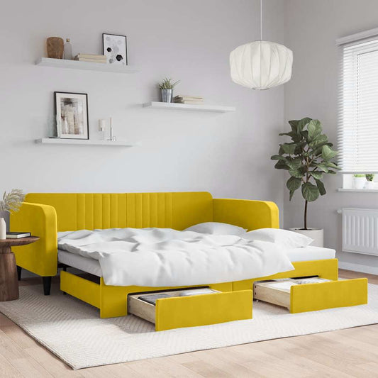 Slaapbank met onderschuifbed en lades 100x200 cm fluweel geel is nu te koop bij PeponiXL, paradijselijk wonen!