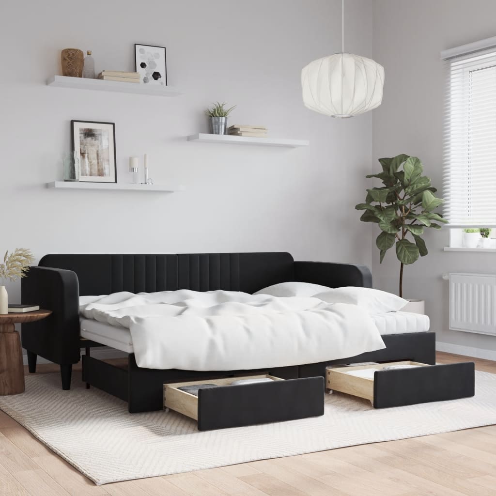 Slaapbank met onderschuifbed en lades 80x200 cm fluweel zwart is nu te koop bij PeponiXL, paradijselijk wonen!