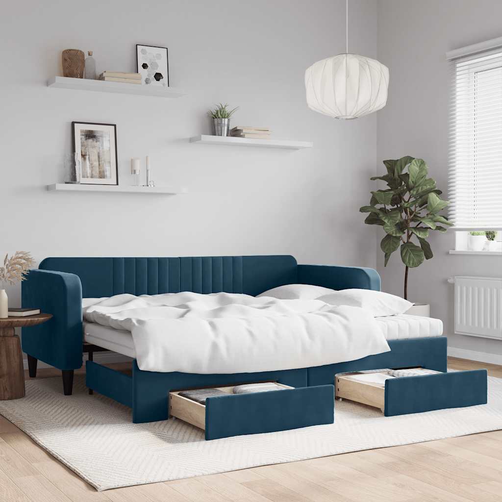 Slaapbank met onderschuifbed en lades 90x200 cm fluweel blauw is nu te koop bij PeponiXL, paradijselijk wonen!