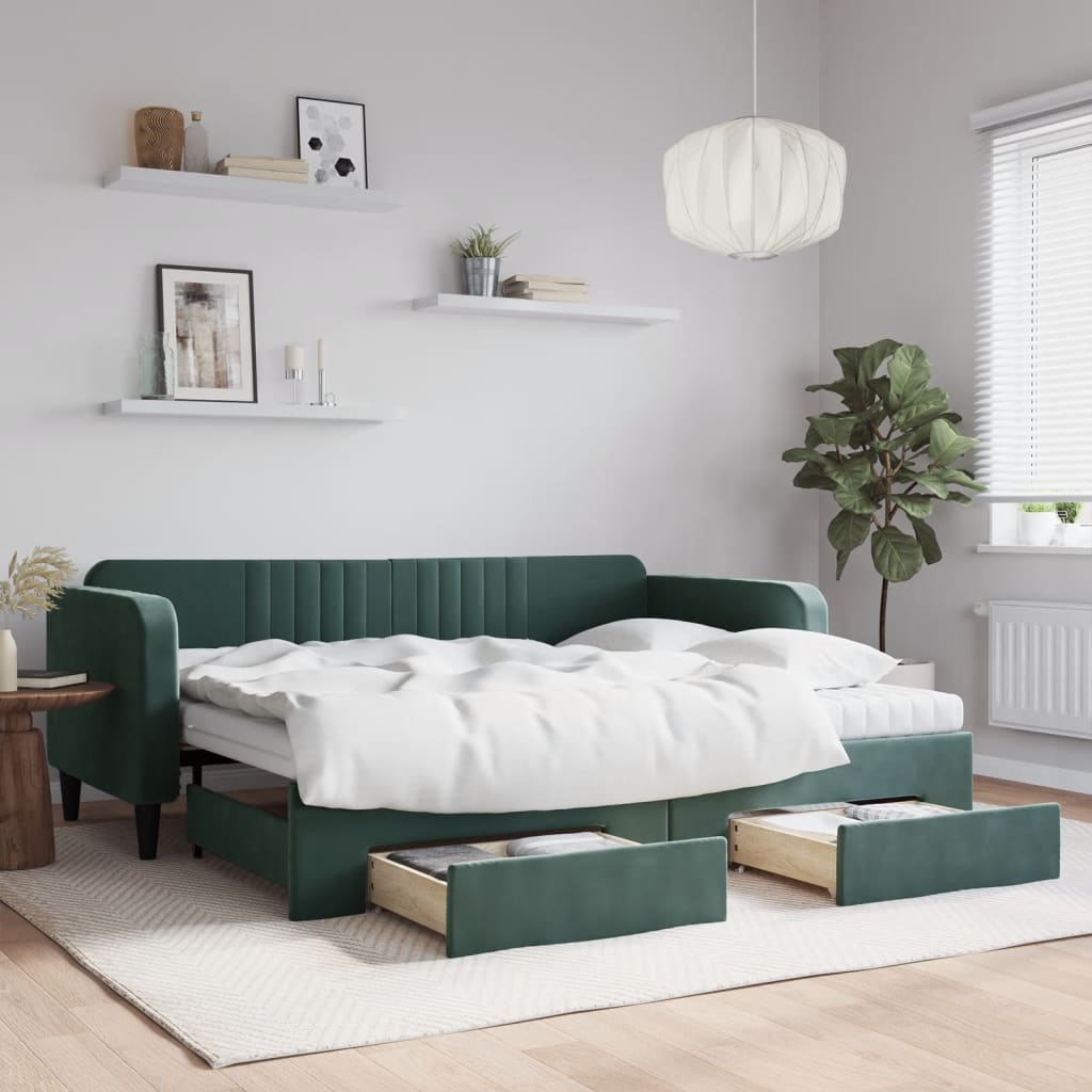 Slaapbank onderschuifbed en lades 90x200 cm fluweel donkergroen is nu te koop bij PeponiXL, paradijselijk wonen!