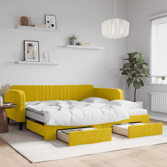 Slaapbank met onderschuifbed en lades 100x200 cm fluweel geel is nu te koop bij PeponiXL, paradijselijk wonen!